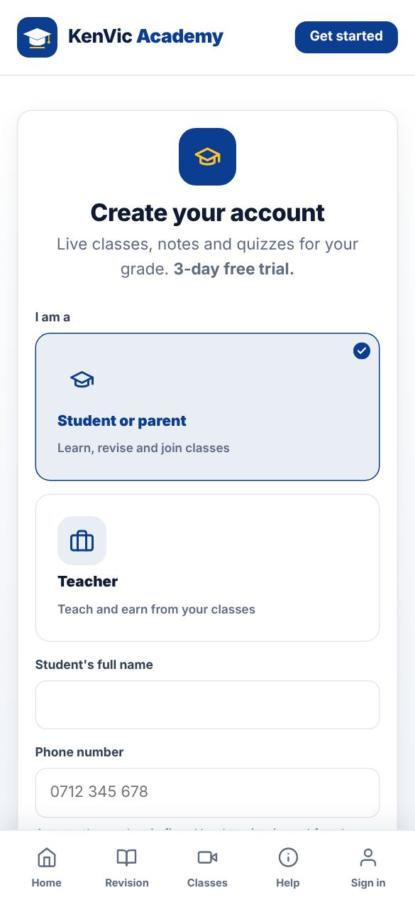 Screenshot: Open the sign up page