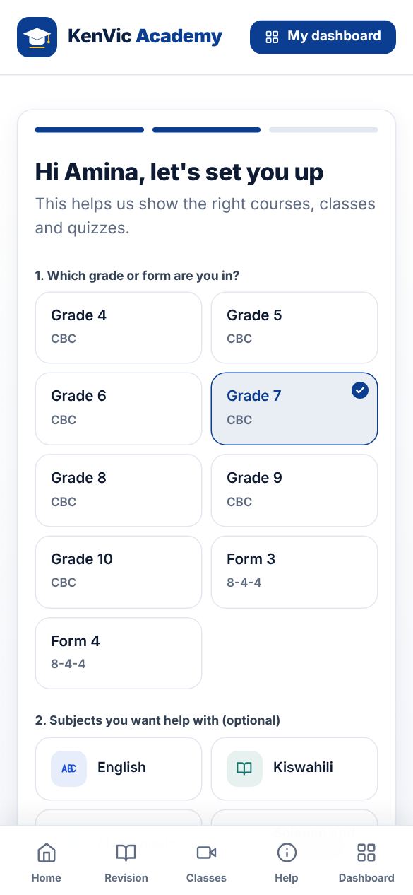 Screenshot: Choose your grade and subjects