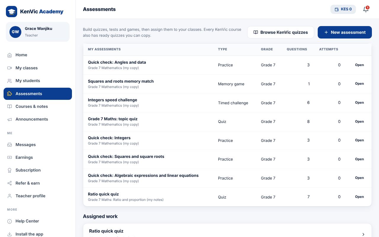 Screenshot: New assessment