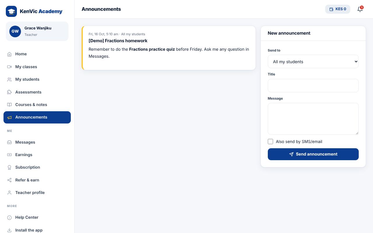 Screenshot: Announcements