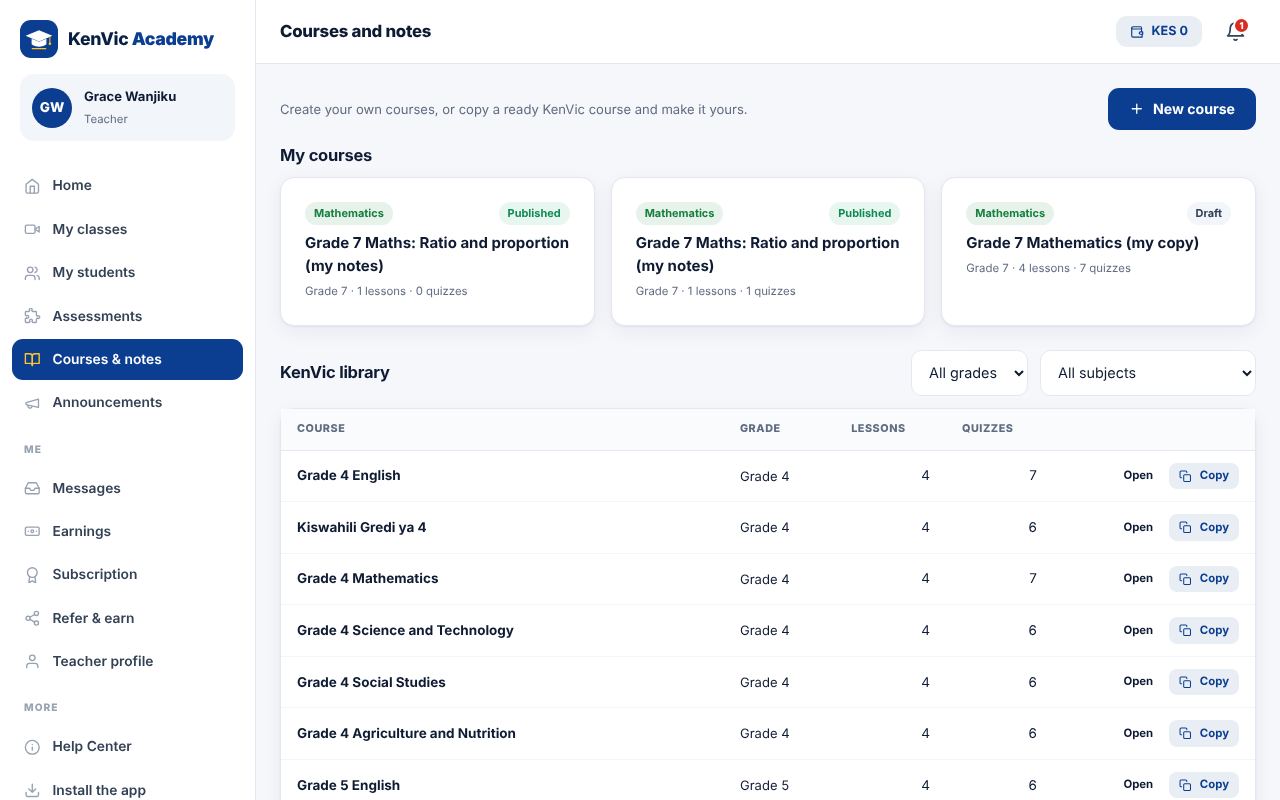 Screenshot: Courses and notes