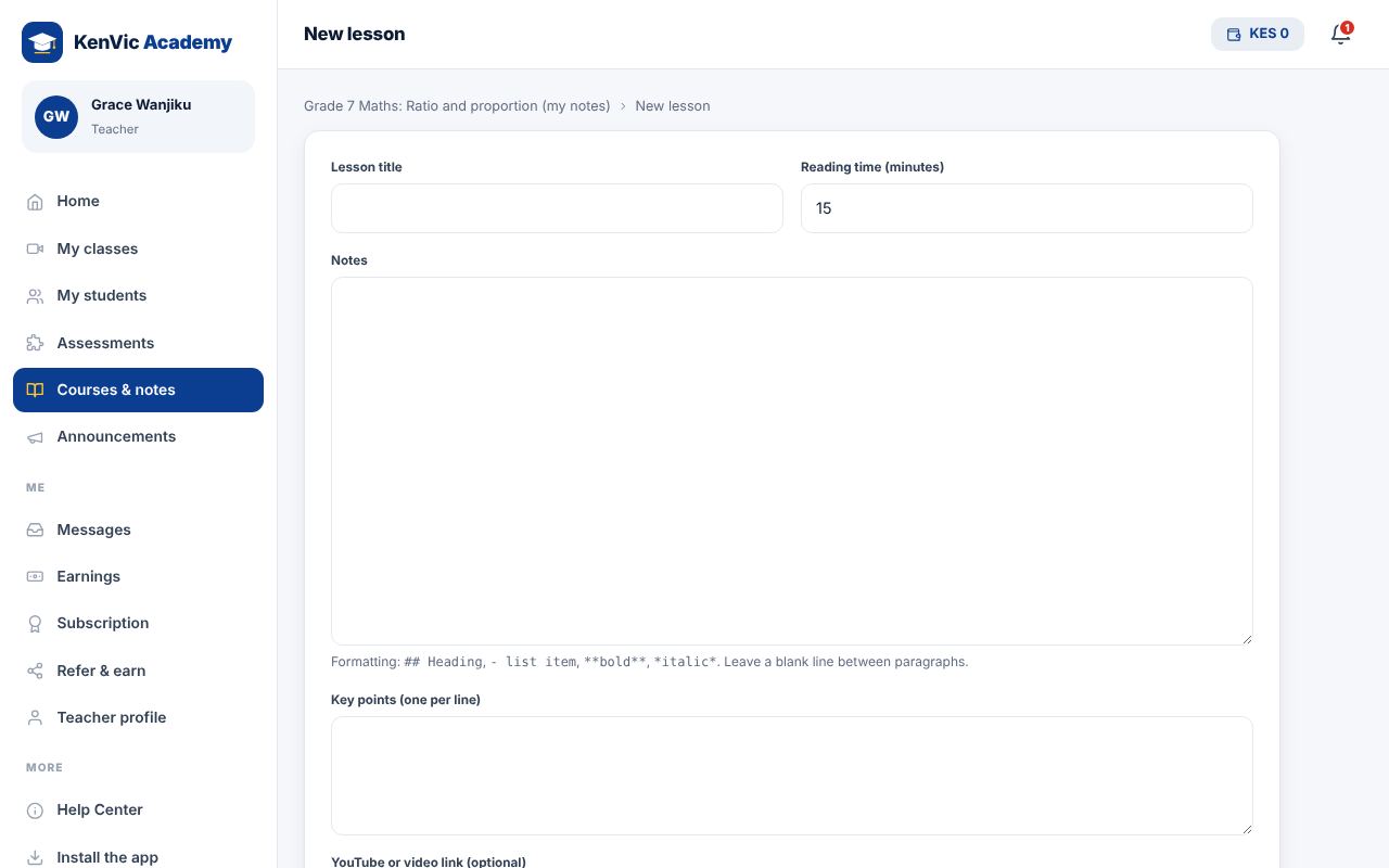 Screenshot: Write lessons