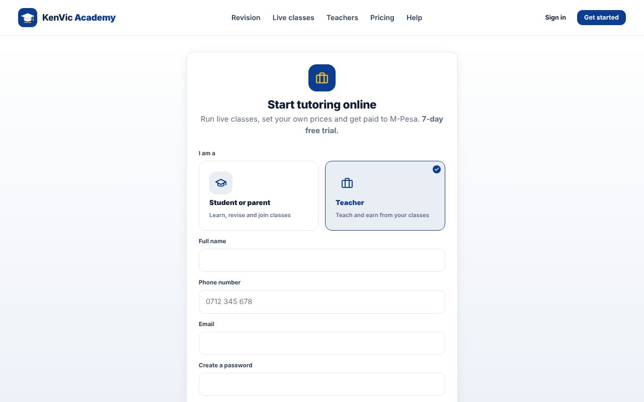 Screenshot: Sign up as a teacher