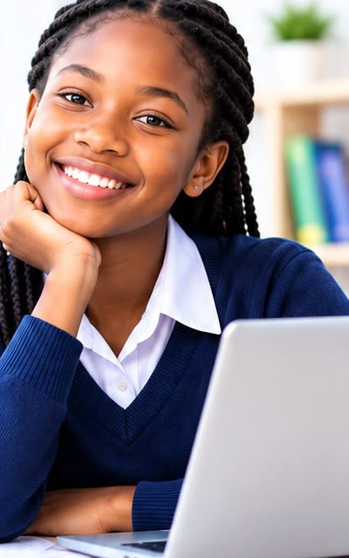Kenyan student smiling during an online class on her laptop